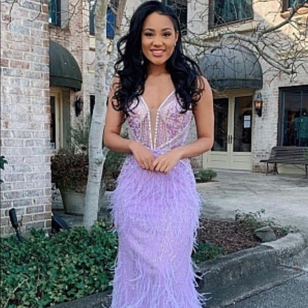 NWT JOVANI 03023 Sheer Embellished Bodice Feather Prom/Pageant Dress